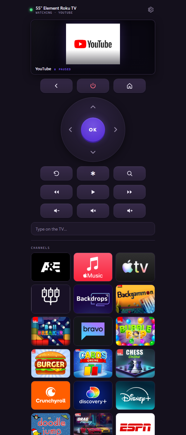 The remote: a dark purple app with a D-pad, playback and volume buttons, a live view of what the TV is playing, and a grid of channel icons.